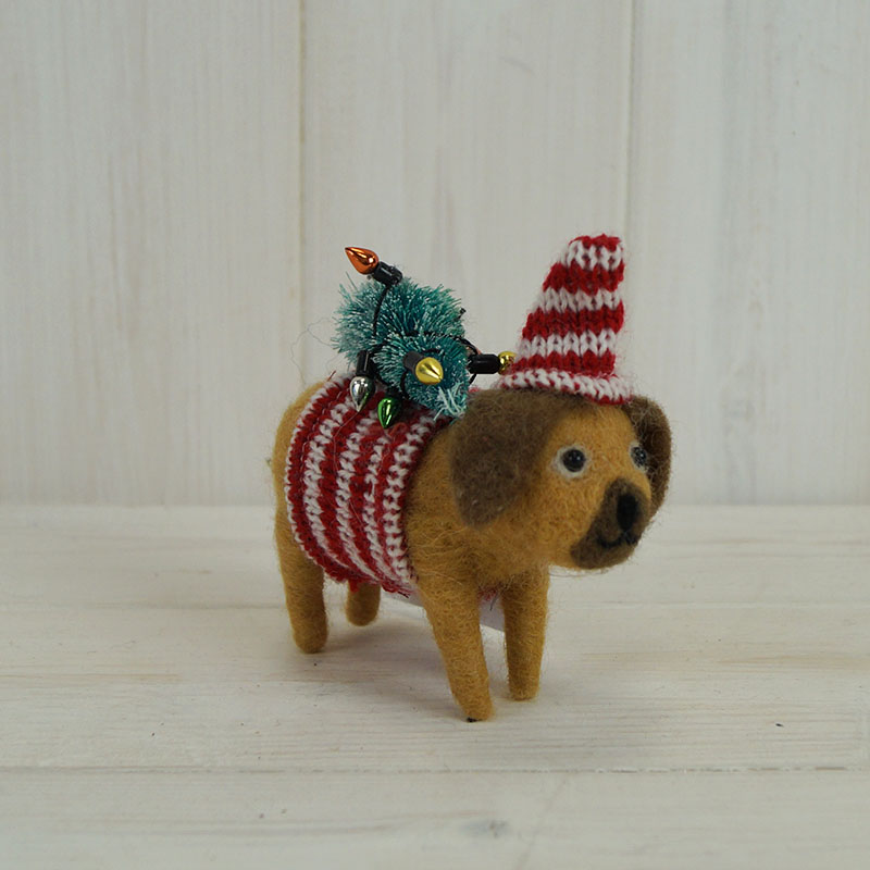 Woollen Dog with Red Striped Clothes and Decorated Tree (9cm) detail page